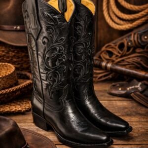 Botas Vaqueras Negras Premium de Piel Bordada – Estilo Western Clásico